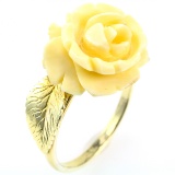 Vintage 14K yellow gold hand carved genuine ivory flower ring