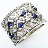 Estate 14K white gold diamond & natural sapphire wide band ring