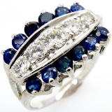 Vintage unmarked 14K white gold diamond & natural sapphire ring