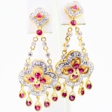 Pair of estate 14K yellow gold diamond, mother-of-pearl & ruby chandelier dangle drop earrings