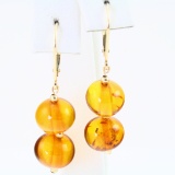 Pair of estate 14K yellow gold amber dangle earrings