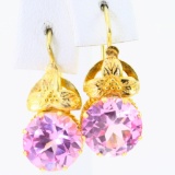 Pair of vintage 18K yellow gold pink topaz dangle earrings
