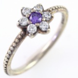 Estate Pandora sterling silver amethyst & cubic zirconia flower ring