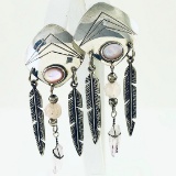 Pair of estate Native American sterling silver mother-of-pearl & rose quartz feather dangle earrings