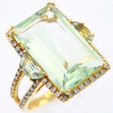 Estate unmarked 14K yellow gold diamond & prasiolite cocktail ring