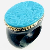 Estate black jade, carved blue stone & 14K yellow gold adorned ring