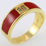 Vintage 18K yellow gold diamond & carnelian inlay band ring