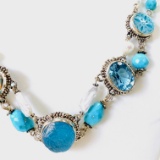 Estate Stephen Dweck sterling silver mabe pearl, blue topaz, mother-of-pearl & turquoise necklace