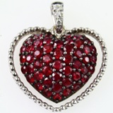 Estate 14K white gold diamond & natural ruby puffy heart pendant