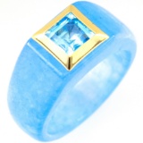 Estate 14K yellow gold bezeled blue topaz & blue jade ring