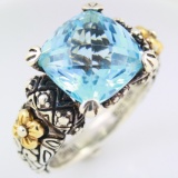 Estate Barbara Bixby sterling silver & 18K yellow gold blue topaz ornate ring