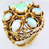 Vintage unmarked 14K yellow gold opal filigree cocktail ring