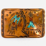 Vintage Willie Nezzie Native American turquoise & coral-inlaid copper belt buckle