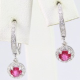 Pair of 18K white gold diamond & natural ruby hoop earrings