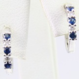 Pair of 14K white gold diamond & natural sapphires hoop earrings