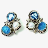 Pair of Stephen Dweck sterling silver London blue topaz, pearls & carved quartz earrings