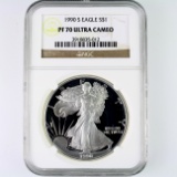 Certified 1990-S proof U.S. American Eagle silver dollar