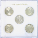 Lot of 5 uncirculated U.S. silver dollars in a clear Capital Plastics holder