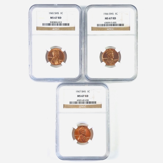Certified 3-piece 1965, 1966 & 1967 special Mint set U.S. Lincoln cent set