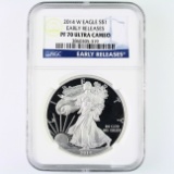 Certified 2014-W proof U.S. American Eagle silver dollar