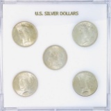 Lot of 5 uncirculated U.S. silver dollars in a clear Capital Plastics holder