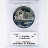 Certified 1990-P silver proof U.S. Eisenhower commemorative silver dollar