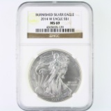 Certified 2014-W burnished U.S. American Eagle silver dollar