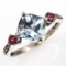 Estate sterling silver diamond, aquamarine & pink tourmaline ring