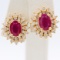 Pair of estate 14K yellow gold diamond & natural ruby cluster stud earrings