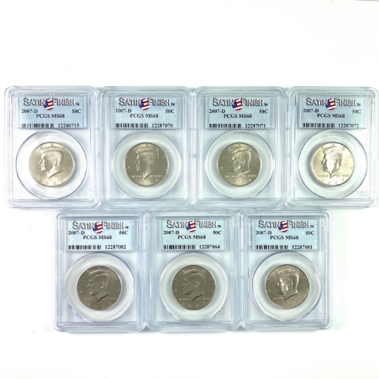 Investor's lot of 7 certified 2007-D satin finish U.S. Kennedy half dollars