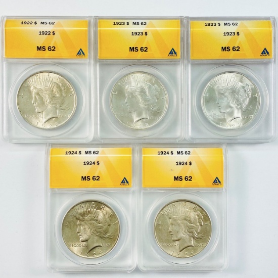 Investor's lot of 5 mixed-date certified U.S. peace silver dollars