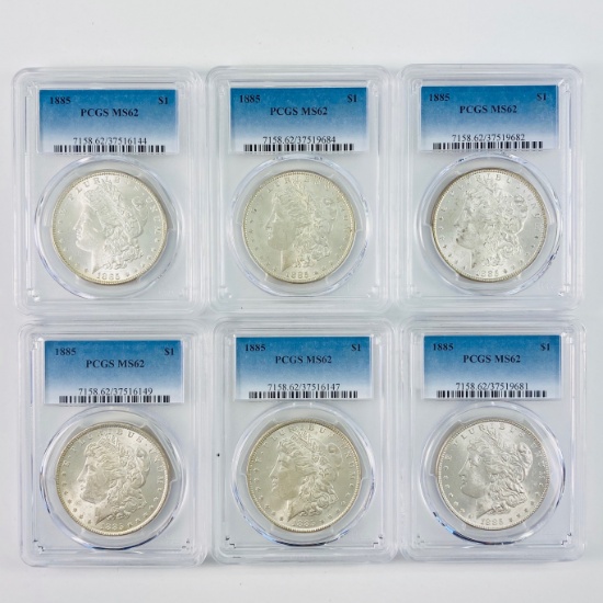 Investor's lot of 6 1885 certified U.S. Morgan silver dollars