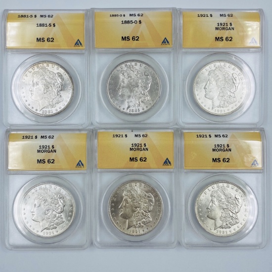 Investor's lot of 6 mixed-date certified U.S. Morgan silver dollars