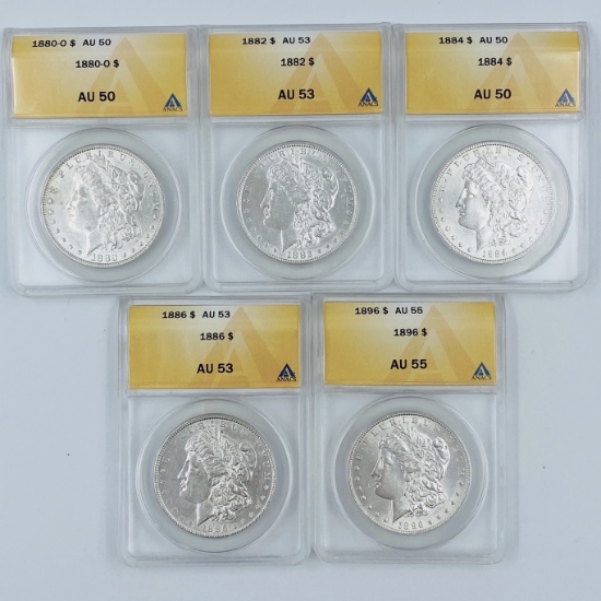 Investor's lot of 5 mixed-date certified U.S. Morgan silver dollars