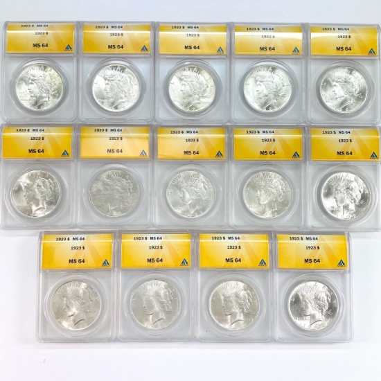 Investor's lot of 14 certified 1923 U.S. peace silver dollars