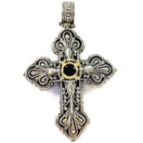 IMPRESSIVE estate Konstantino sterling silver, 18K yellow gold & garnet cross pendant enhancer