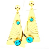 Pair of estate Native American 14K yellow gold turquoise dangle drop earrings