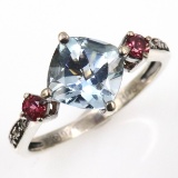 Estate sterling silver diamond, aquamarine & pink tourmaline ring