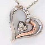 Estate 10K rose gold & sterling silver diamond heart necklace