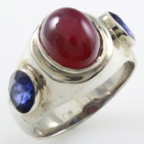 Estate sterling silver-lab created star ruby & lab-created sapphire bezeled ring