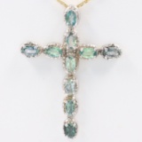 Estate sterling silver diamond & natural alexandrite cross necklace