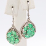 Pair of estate sterling silver diamond & natural emerald earrings