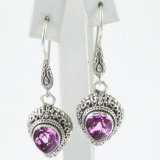 Pair of estate sterling silver Sarda pink stone dangle drop earrings