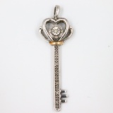 Estate 10K yellow gold & sterling silver diamond key pendant