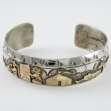 Estate Native American T A Begay sterling silver & 12K gold filled storyteller cuff bracelet