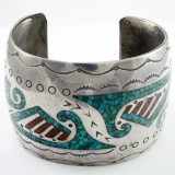 Estate Native American sterling silver turquoise & coral inlay wide cuff bracelet