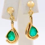 Pair of vintage unmarked 18K yellow gold natural emerald free-form dangle drop earrings