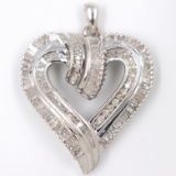 Estate sterling silver diamond heart pendant: 1'' diameter