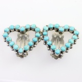 Pair of estate Native American sterling silver turquoise heart earrings