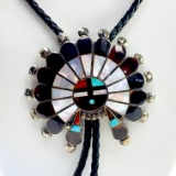 Estate Native American sterling silver multi-stone inlay bolo-tie